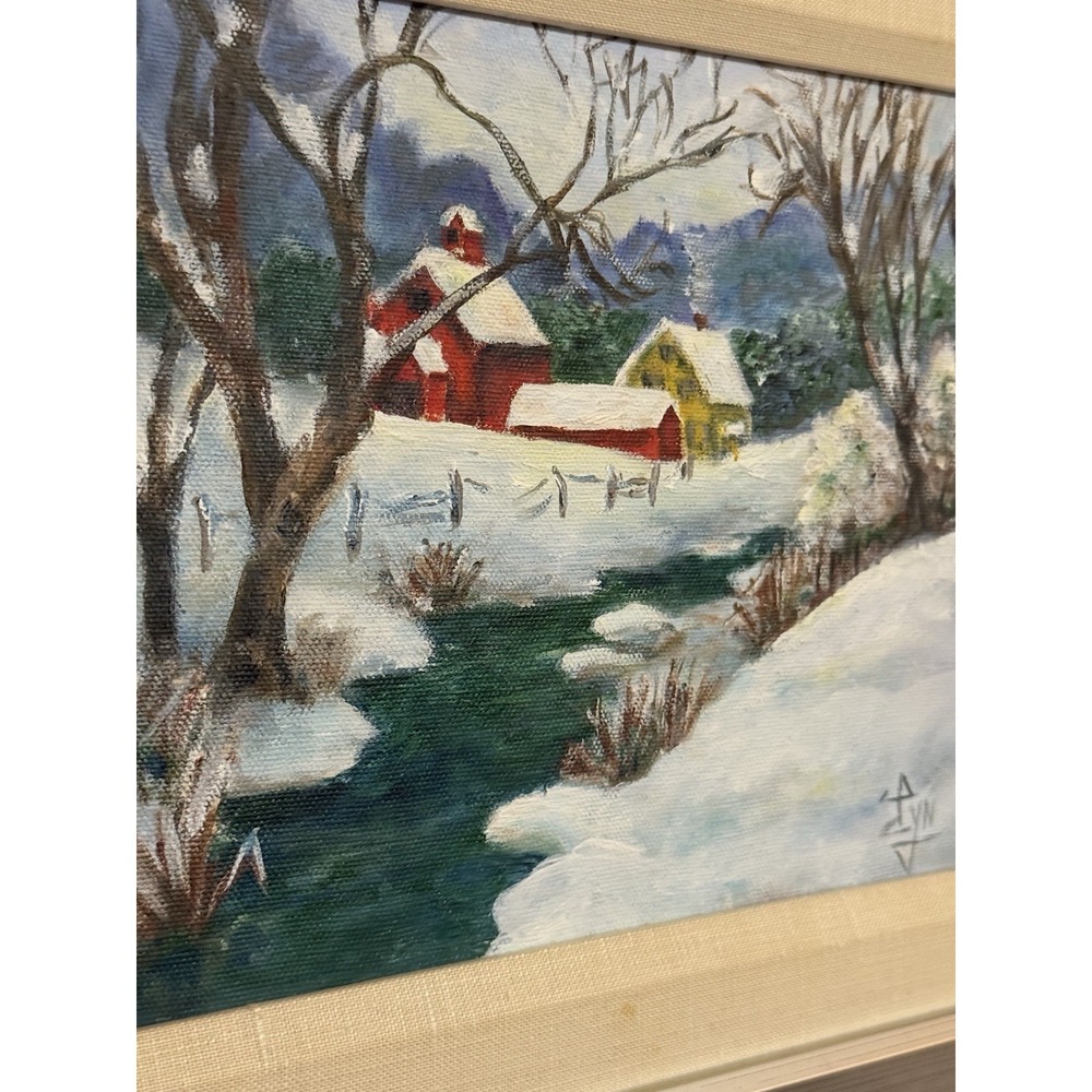 Vintage Original Lyn Signed Framed Painting Winter Snow Landscape Farm Small - Picture 2 of 10